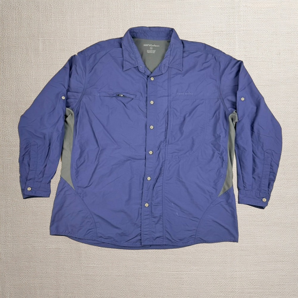Eddie Bauer Sport Shirt XL Blue Nylon Vented Fishing Hiking Roll Tab Sleeve